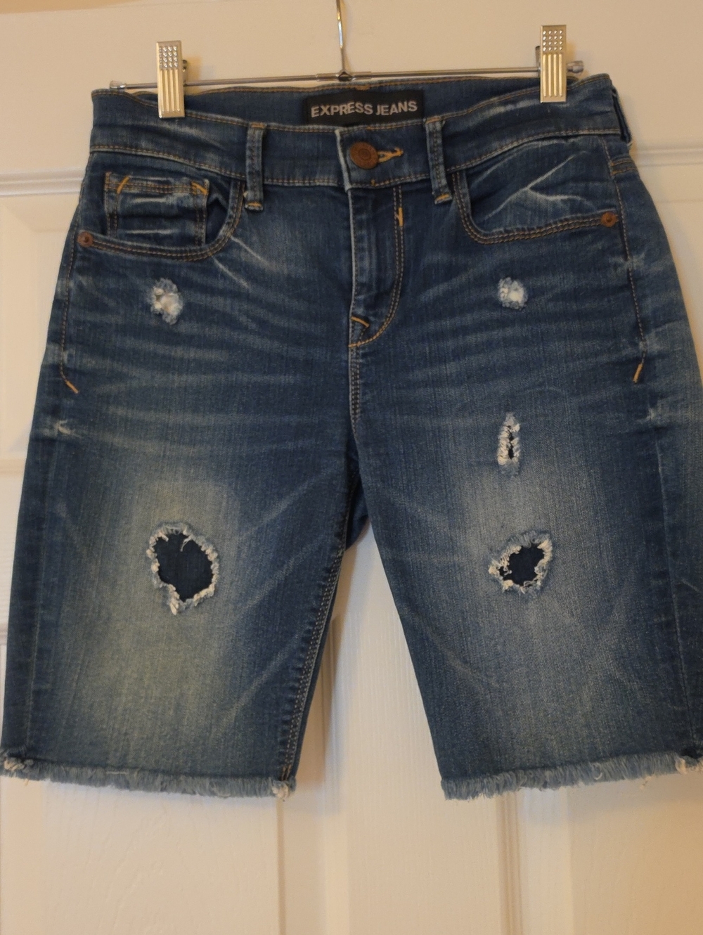 Express Distressed Denim Bermuda Shorts - Blue